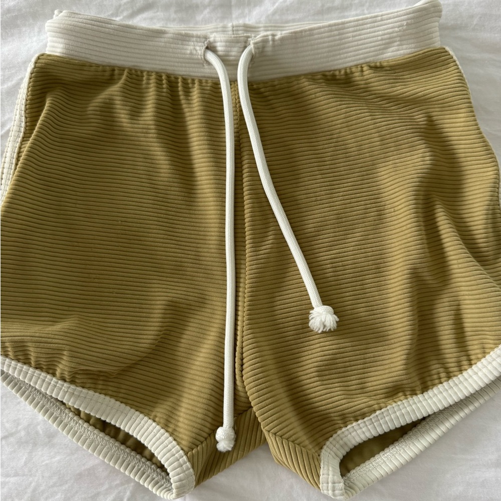 Little Urban Tan and White Swim Trunks with Elastic Waistband and Retro Style